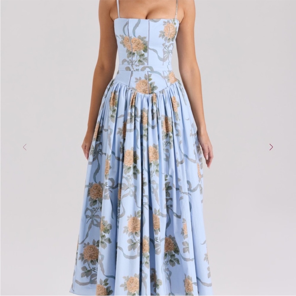House of CB Ysabella Blue Vintage Rose Print Cotton Midi Sundress